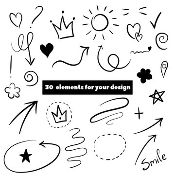 Decorate your texts and photos with hand drawn elements.Swoops, emphasis doodles. Highlight text elements, calligraphy swirl, tail, flower, heart, graffiti, crown.