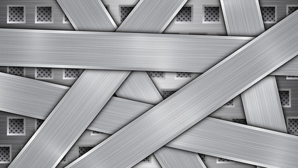 Background in silver and gray colors, consisting of a perforated metallic surface with holes and several randomly arranged intersecting polished plates with a metal texture, glares and shiny edges