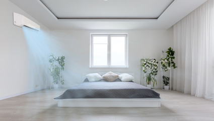 Modern bright living room with air conditioning, white wall. 3D rendering