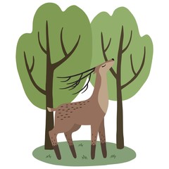 Deer and spring trees. Vector illustration.
