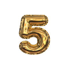 Golden Foil Helium Balloons Cyrillic Typeface. 3D Render of Numbers Isolated on White Background. Number Five 5.