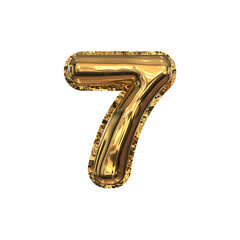 Golden Foil Helium Balloons Cyrillic Typeface. 3D Render of Numbers Isolated on White Background. Number Seven 7.