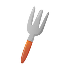 Gardening metal rake with brown handle.