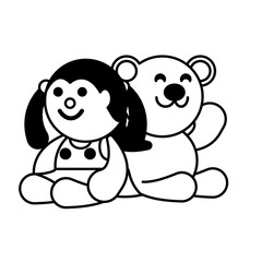 doll and teddy bear on white background, baby toys