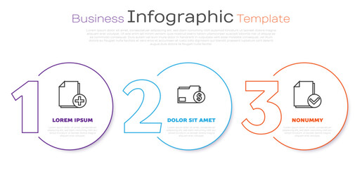 Set line Add new file, Finance document folder and Document and check mark. Business infographic template. Vector