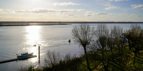 mooring boats wooden pontoon in Bourg sur Gironde garonne river france in web banner header