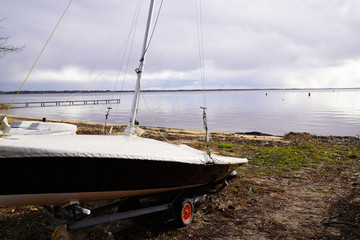 Hourtin Medoc water beach lake boats at anchor at sunrise