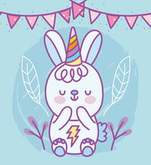 bunny with party hat flags leaves decoration cartoon