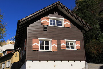 Traditional old wooden house in Vaduz, Liechtenstein, Europe.