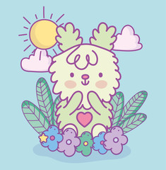 cute rabbit flowers leaves clouds sun decoration cartoon