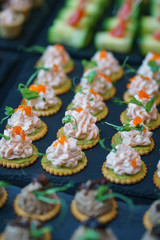 Obraz na płótnie Canvas Catering and guest meals during the event. Quick mini snacks in a special beautiful dish.