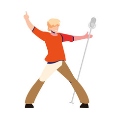 man singing with microphone on white background