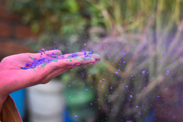 Obraz na płótnie Canvas the boy blowing holi festival color in the air 