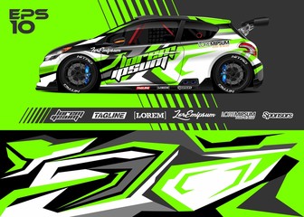 Fototapeta premium Car graphic livery design vector. Abstract stripe racing background for wrap race car, rally, drift car, cargo van, pickup truck and adventure vehicle. Full vector Eps 10.
