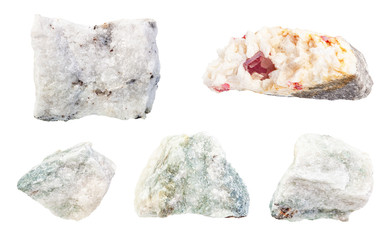 set of various Carbonatite rocks isolated on white
