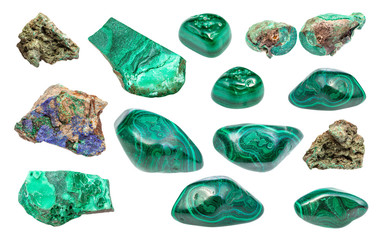 set of various Malachite gemstones isolated