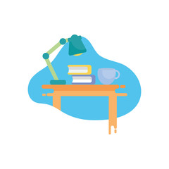 school books coffee cup and lamp over table flat block style icon vector design