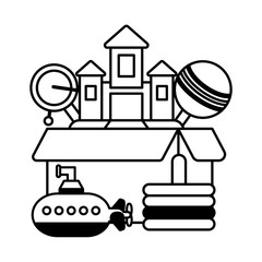 carton box with toys for small children, wooden and plastic toys