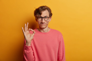 I agree with your suggestion. Smiling handsome man smiles pleasantly, makes okay sign, expresses...