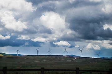 Scottish Landscape with Clouds, Blue Sky, and Wind Turbines