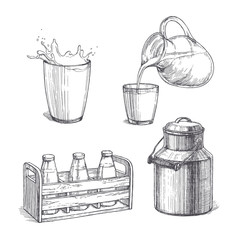Vector vintage set of milk illustrations in engraving style. Hand drawn sketches of glass with splash, bottles in wooden crate, fresh product pouring from jar in cup and metallic can isolated on white