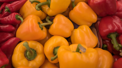 red and yellow bell peppers lie on the table