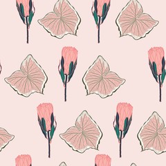 Hand drawn mixed kinds of exotic home plant leaves and protea, African native wild flower seamless pattern on beige background.