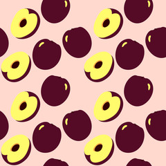 Seamless pattern with plums and leaves. Prunus cerasifera, alycha on a white background. Flat design.