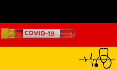 Germany Coronavirus COVID-19 world outbreak concept. Vacutainer blood tube with 2019-nCoV virus positive sample before Italian flag and stethoscope.