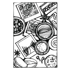 Obraz premium Hand drawn Indian traditional sweets – laddu, gulab jamun, gujiya, halwa, barfi. Sketch top view illustration of food and postcard.