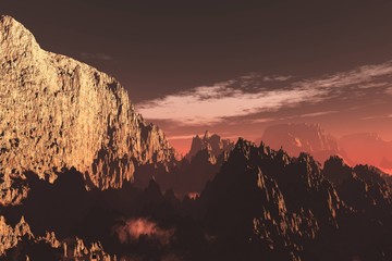 Planet Mars, an alien at sunset, the surface of Mars, canyons on Mars, 3D rendering