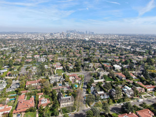 Aerial view of wealthy area with big houses in Central Los Angeles , California. USA