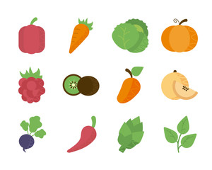 set of icons of fresh fruits and vegetables