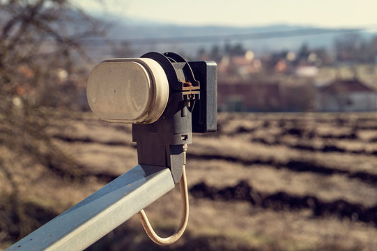 satellite tv installation with a close up of the feedhorn.