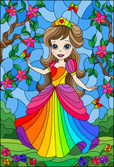 Illustration in stained glass style with a cute Princess on a background of flowers and  sky and flowers