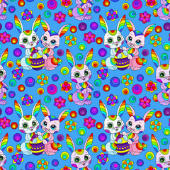 Seamless pattern on the theme of the Easter holiday, cute cartoon bright rabbits and flowers, colored animals on a blue background
