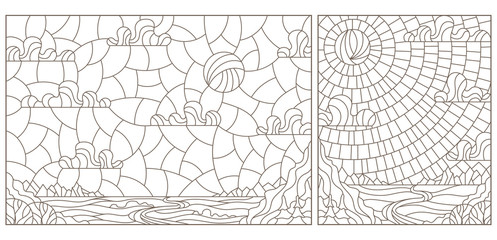 A set of contour illustrations stained glass mountain landscapes, dark contours on a white background