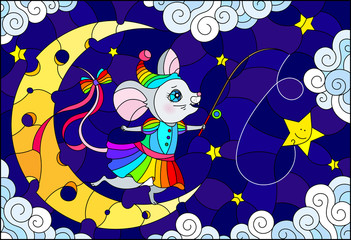 Illustration in stained glass style with a cute cartoon mouse with a fishing rod standing on the moon, against the background of the night sky with clouds and stars