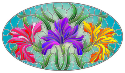 Illustration in stained glass style with  bouquet of irises, flowers, buds and leaves on blue background, oval image © Zagory