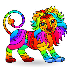Illustration in stained glass style with a bright abstract lion isolated on a white background
