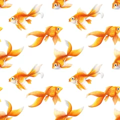 Fotobehang Goudvis Naadloze patroon. Achtergrond met goudvis. Aquariumvissen van gouden kleur. Aquarel, realistische afbeelding. Huisdier, decoratief dier. magische schelvis