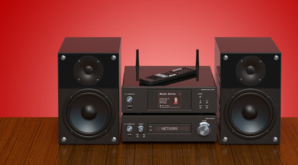 Home stereo system on the wooden table, 3D rendering - obrazy, fototapety, plakaty
