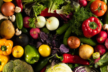 Fototapeta na wymiar Composition with assorted raw fresh mix vegetables. Variety vegetable top view background.