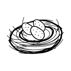A Hand drawing black vector Illustration of a bird nest with a group of three eggs isolated on a white background