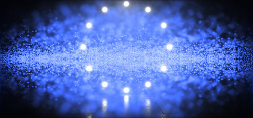 Sci Fi Futuristic Cyber  Glowing Sparkling Blue  Tiny Particles Glitter Cloud On Dark Empty Background For Text With Shallow Dof Focus 3D Rendering