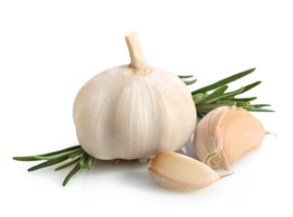 Garlic and rosemary isolated on white background