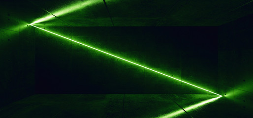 Sci Fi Modern Elegant Futuristic Neon Diagonal Uranium Toxic Green Glowing Laser Neon Tube Line With Reflection On Grunge Concrete Dark Black Room Background 3D Rendering