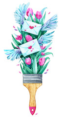 Brush bouquet tulips love postcard house painter paint watercolor isolated gift congratulation