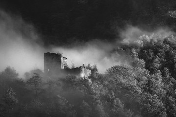 Fototapeta na wymiar Mysterious and disturbing ruined castle in the mist