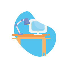 Fototapeta premium computer and lamp over table flat block style icon vector design